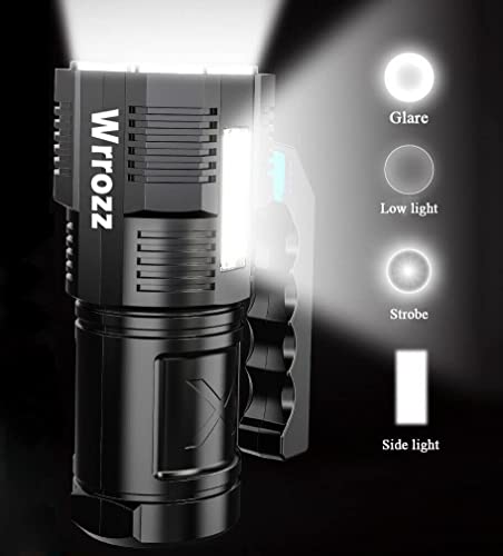 Wrrozz LED Flashlight USB Rechargeable, High Lumens Tactical Light with Sidelight, 4X LED, Spotlight, Handheld Super Brightest Flashlights, Portable Torch for Outdoor Camping Home Emergency Lantern - size: B