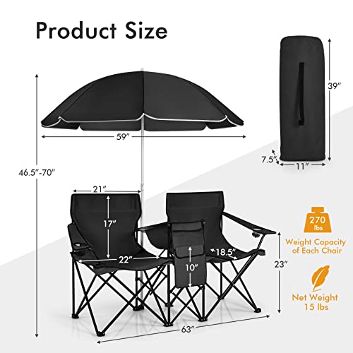 LUARANE Folding Double Camping Chair, Outdoor Picnic Chairs w/Removable Umbrella, Mini Table, Cup Holder & Carrying Bag, Portable Camping Loveseat for Patio, Pool, Lawn, Beach, Park (Black) - color: Black