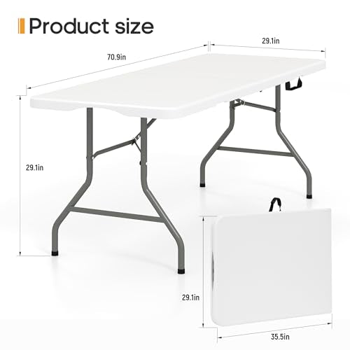 6ft Folding Table Heavy Duty 350 LBS Capacity Foldable Table with 18% Thicker HDPE Waterproof Top & Reinforced Steel Frame, Portable Fold-in-Half Table for Outdoor Indoor Party Wedding Camping - color: White, size: 6Ft