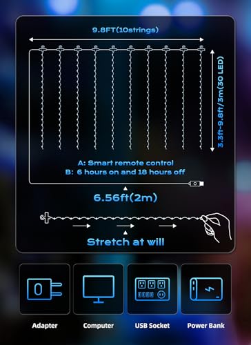 Brightown 300 LED Blue Fairy Curtain Lights, 9.8ft x 9.8ft String Lights, USB Plug in 8 Lighting Modes Christmas String Hanging Lights with Remote for Bedroom Indoor Outdoor Party Xmas Blue 1 Pack - color: Blue, size: 1 Pack-300 LED