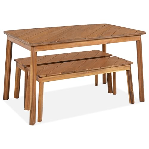 3 Pieces Acacia Wood Table with 2 Benches Dining Set Outdoor Indoor Furniture, Picnic Beer for Patio, Porch, Garden, Poolside - Natural