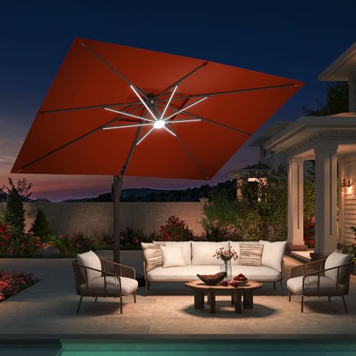10 X 13 FT Cantilever Patio Umbrella with Led Lights Outdoor Rectangle Offset Large Double Top Heavy Duty Umbrellas with 360°Rotation for Pool Deck Backyard Garden, Wine Red - color: Wine Red, size: 10×13 Ft Without Base