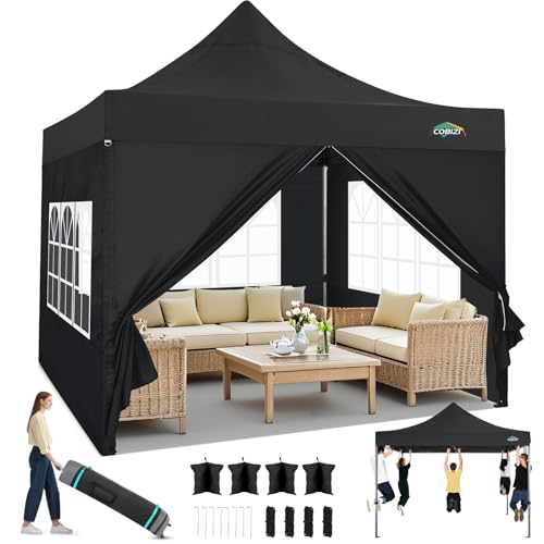 COBIZI 10x10 Heavy Duty Pop Up Canopy Tent with 4 Sidewalls Thicken Frame, Commercial Easy Up Outdoor Wedding Party Tents, All Season Waterproof Windproof with Stakes Sandbags Ropes Roller Bag, Black - color: Black, size: 10x10
