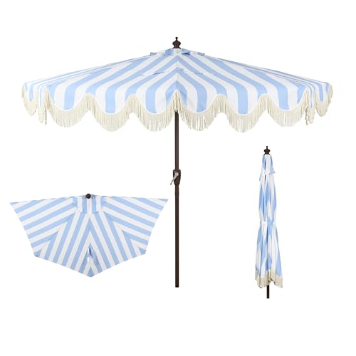JONATHAN Y Half Umbrella UMB1201C Beverly 9 ft. Designer Classic Scalloped Fringe Market Patio with Crank, Push Button Tilt and UV Protection in Light Blue/White - color: Light Blue/White