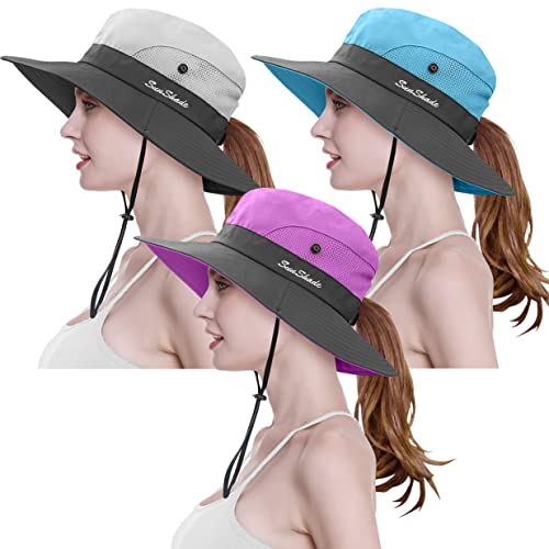 3 Pieces Womens Ponytail Wide Brim Sun Hat Packable UV Protection Beach Cap for Fishing & Hiking - color: Purple＆sky Blue＆beige