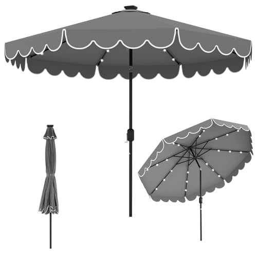 Tangkula 10FT Solar LED Patio Umbrella, 2-Tiers Scalloped Outdoor Table Market Umbrella with 24 LED Lights, Vented Top, Tilt Adjustment, Crank, 8 Ribs for Backyard Poolside Deck Beach Lawn (Gray) - color: Gray, size: 10Ft