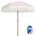 AMMSUN Boho Fringe Umbrella with Outdoor Blanket, 6.5ft UPF50+ Picnic Umbrella with Tassels with Steel Pole & Push Button Tilt, Pink Stripes - color: Pink Stripes with Blanket