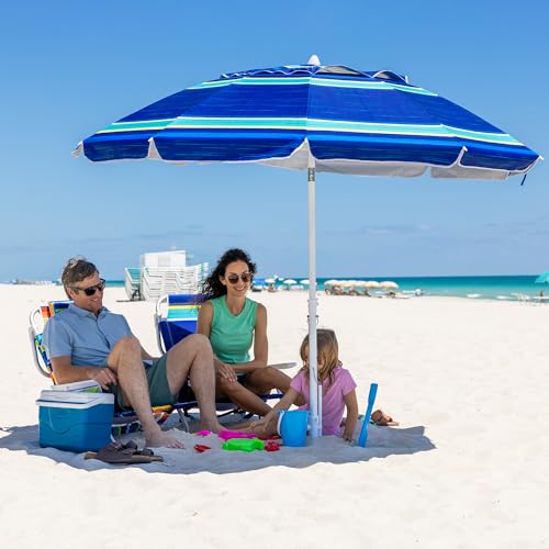 AMMSUN 8 Feet Large Beach Umbrella with Sand Anchor Heavy Duty High Wind Portable Outdoor Umbrellas UV 50+ Protection Air Vent Tilt Patio Garden Pool - color: Blue Stripe
