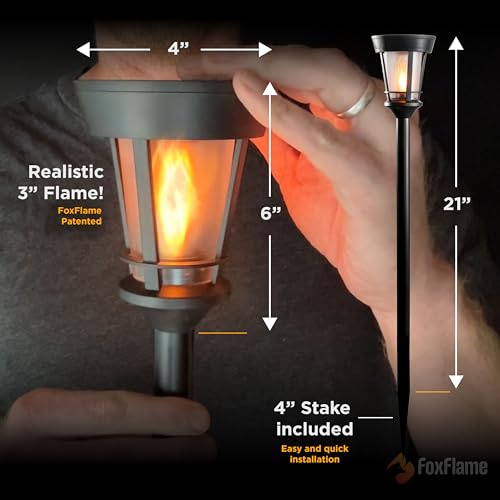 FoxFlame Classic Solar Path Torch - Elegant Flickering Flame Effect with Patented LED,IP65 Waterproof,Solar-Powered Lighting for Garden,Yard, and Landscape Ambiance Easy Stake Installation (2 Pack) - style: Classic Path Torch
