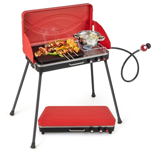 Giantex Portable Propane Grill & Camping Stove, 20,000 BTU Gas Camping Grill Burner, Independent Temperature Control, 3-Sided Wind Guard, Detachable Legs, for BBQ, Tailgating, Outdoor Cooking (Red) - color: Red