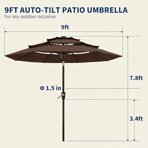 10FT Patio Umbrella 3 Tiers Outdoor Market Umbrella w/Push Button Tilt, Crank, UV and Waterproof Table Umbrella for Garden, Pool, Backyard, Deck, Lawn, Brown - color: Brown