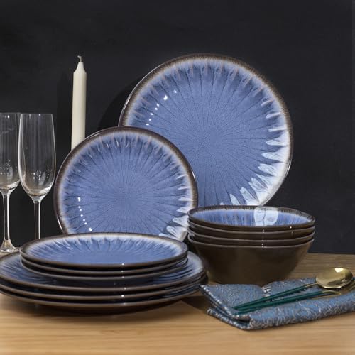 Melamine Dinnerware Sets 12 Pcs, Plates and Bowls Sets, Melamine Plates, Outdoor Dishes Sets, Unbreakable Dinnerware, Serving Dishes for Entertaining, Dishwasher Safe, BPA Free (Classic Blue) - color: Classic Blue
