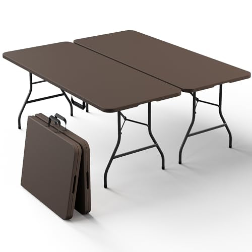 2 Pack Folding Table 6ft - Heavy Duty Plastic Table with Handle, Foldable & Portable, Fold-in-Half Utility Tables for Outdoor, Dining, Wedding, Events, Indoor, Picnic, Camping, Party (Brown) - color: Brown, size: 6ft-2pack