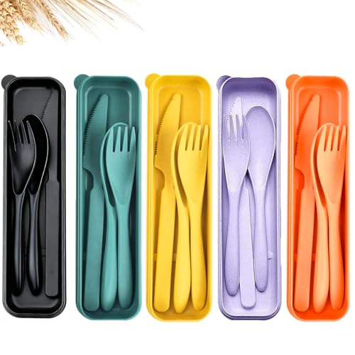 Travel Utensils Set - Reusable 5 Sets Wheat Straw Plastic Cutlery with Case , Portable Forks Spoons and Knives Set , Eco-Friendly BPA Free for Daily Use (Dark Green,Orange,Yellow,Purple,Black) - color: Blue, Deep Blue,Yellow,Purple,Black