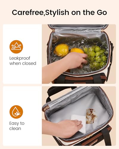 LOVEVOOK Insulated Lunch Bag For Women Men,Expandable Double Deck Lunch Box With Large Cup Holder,Leakproof Cooler Bag For Adult Lunch Tote Bag Work Picnic Beach with Adjustable Shoulder Strap Gift - color: Off White with Light Brown, size: Large —15l