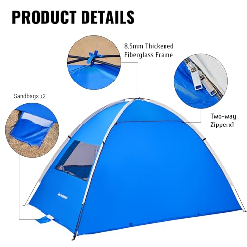 EchoSmile UPF 50+ Beach Tent Sun Shelter for 3/4 Person, Portable Beach Cabana Tent - color: Dark Blue, size: 4 Person