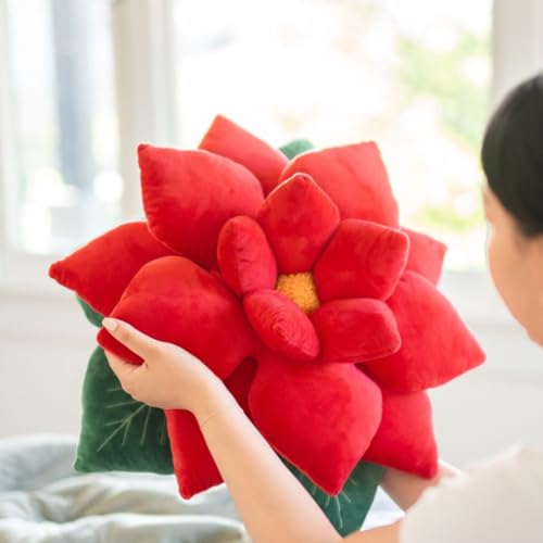 Green Philosophy Co. Poinsettia Plush Throw Pillow - Christmas Red Flower Shaped Accent Cushion | Unique Christmas Decor & Gift - color: Christmas Red