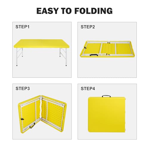 Portable Plastic Folding Table 4ft/6ft/8ft Heavy Duty White Black Picnic Dining Table Fold-in-Half for Camp Party Kitchen Indoor Outdoor - color: Yellow, size: 4FT, style: Flat Desktop