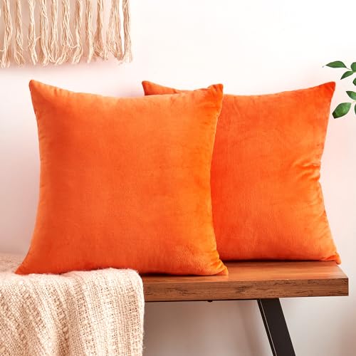 Fall Orange Throw Pillow Covers Decorative Velvet Set of 2 22x22 Inch Pillow Covers, Burnt Orange Large Pillowcases for Couch Sofa Bed Living Room, Farmhouse Boho Decor, Accent Cushion Covers - color: Bright Orange, size: 22" x 22" (Pack of 2)