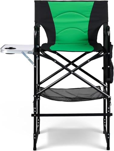 mefeir 31" Extra Tall Director Chair w/Side Table, Heavy-Duty Steel Frame Portable Folding Bar Stool w/Storage Pockets, for Makeup Artist, Salon, Studio, Camping, 300 lbs Capacity (Green) - color: Black/Olive Green, size: 31in