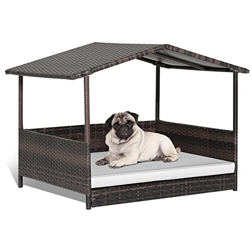 Tangkula Wicker Dog House, Indoor Outdoor Raised Rattan Dog Bed w/Removable Cushion, Washable Cover, Weatherproof Roof, Rattan Puppy Shelter w/Elevated Floor for Small Medium Dogs (White) - style: White