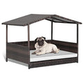 Tangkula Wicker Dog House, Indoor Outdoor Raised Rattan Dog Bed w/Removable Cushion, Washable Cover, Weatherproof Roof, Rattan Puppy Shelter w/Elevated Floor for Small Medium Dogs (White) - style: White
