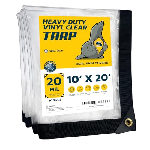 Seal Skin Covers Waterproof Clear Tarp 10x20 FT, 20 Mil 18 OZ 560 GSM Heavy Duty Transparent Vinyl Tarpaulin with Grommets - size: 10' X 20'