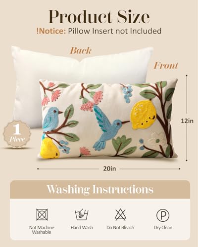 Embroidered Lumbar Pillow Cover 20x12 Inch - Spring Summer Boho Decorative Pillow Cover with Zipper for Living Room Couch Sofa Bed Aesthetic Design Bird Lemon Cushion Pillowcase - color: Bird Lemon, size: 20" x 12" (Pack of 1)