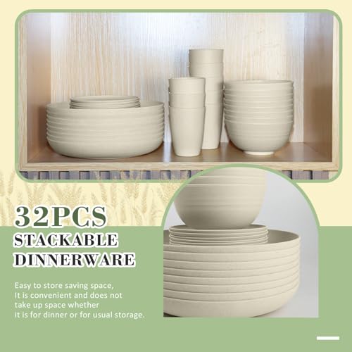 Wrova Wheat Straw Dinnerware Sets of 32,Dishwasher Safe Alternative Plastic Dishes Set Service for 8,Unbreakable Dinner Plates and Bowls Sets for Kitchen,Party,Camping,RV. Beige - color: Beige, size: 32 Pack