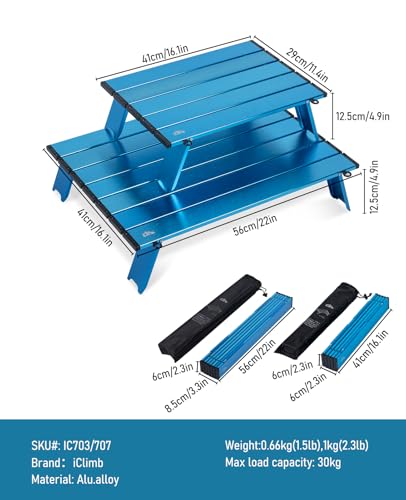 iClimb Ultralight Compact Mini Beach Picnic Folding Alu. Table with Carry Bag, Two Size (Blue - S) - color: Blue, size: Small
