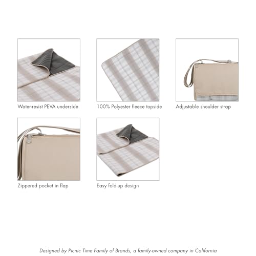 Picnic TIME Outdoor Picnic Blanket Tote, 59"x51" Foldable Beach & Camping Blanket with Soft Fleece, Water-Resistant Bottom, Adjustable Strap & Zippered Pocket (Neutral Plaid) - color: Neutral Plaid