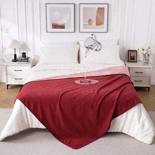 QiyI Waterproof Blanket for Bed Queen Size, Reversible Washable Pet-Friendly Flannel Throw Blanket, Leakproof Stain-Resistant Furniture Protector for Travel & Camping, 60"x80", Burgundy/Pink - color: Burgundy/Rose Pink, size: 60"×80"
