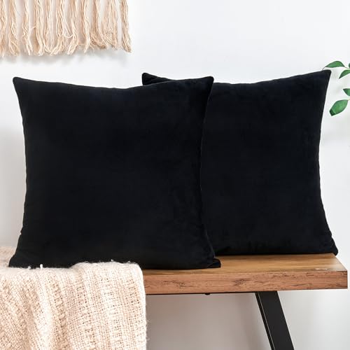 Throw Pillow Covers Decorative Velvet Set of 2 20x20 Inch Pillow Covers, Soft Black Pillowcases for Couch Sofa Bed Living Room, Farmhouse Home Boho Decor, Square Accent Cushion Covers - color: Black, size: 20" x 20" (Pack of 2)