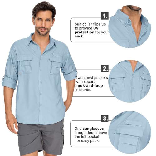 Mens Safari Shirts Long Sleeve UV Protection Hiking Fishing UPF 50+ Quick Dry Camping Travel Shirts - color: Blue, size: X-Large