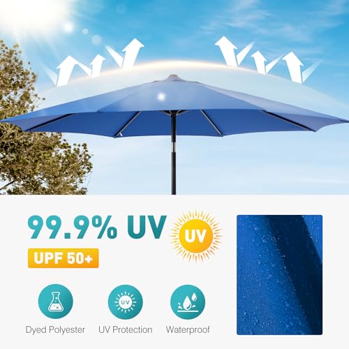 OLIXIS Patio Umbrella with Tilt and Crank Button & Sturdy Ribs Waterproof, Patio Table Umbrella Perfect for Poolside, Terrace, Beach and Outdoor Restaurant - color: Blue, size: 9FT NO LEDs