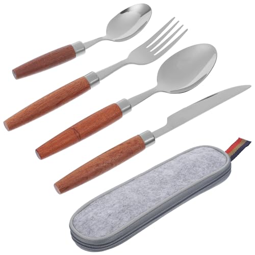 Kisangel Camping Cutlery Set 4pcs Stainless Steel Fork Spoon Knife with Vintage Wooden Handles and Gray Carry Bag for Outdoor Picnic and Camping Tableware