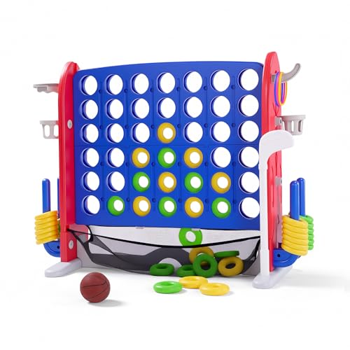 Jumbo 4 in a Row Game, Height Adjustable(2.7-3.2 ft) Outdoor Connect 4 w/Quick Release, Giant Connect Four with Basketball Hoop, Ring Toss & Net, Backyard Party Game for Adults Kids