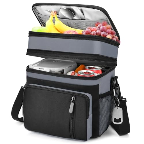 Lunch Box & Lunch Bag for Men Women, Large Insulated Adult Lunch Box, Leakproof Cooler Lunchbox with Bottle Opener for Work Picnic Beach, 16L, Gray - color: Gray & Black