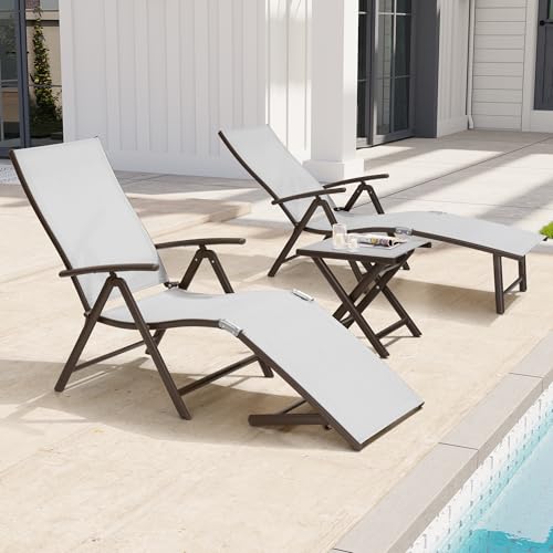 Crestlive Products Folding Patio Chaise Lounge Chair Outdoor, Aluminum Adjustable Outdoor Pool Recliner Chair, Assemble-Free, 8 Positions - color: Light Gray, size: 3 Pcs