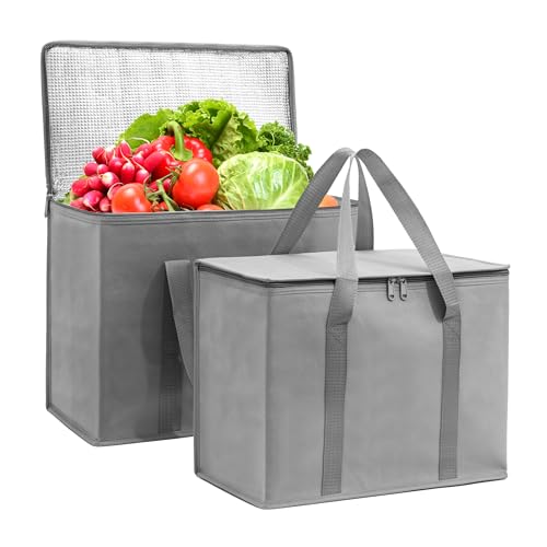 Carrywell (Not Made In China) Insulated Reusable Grocery Bags 2-Pack, Catering and Delivery Bag For Hot and Cold Food, Collapsible Thermal Tote For Doordash - color: Gray, size: 2 pack, style: XL Insulated