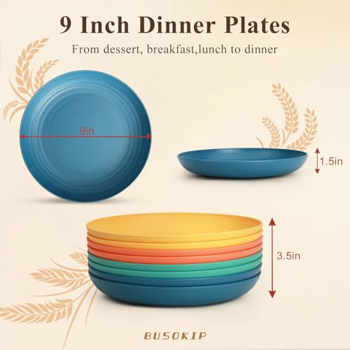 Wheat Straw Plates Set for 8, Unbreakable & Lightweight Dinner Plates 9 Inch, Plastic Plates Reusable, Microwave and Dishwasher Safe Kitchen Plate for Outdoor, Camping, Picnic- Multi - color: Multicolor, size: 9 inch
