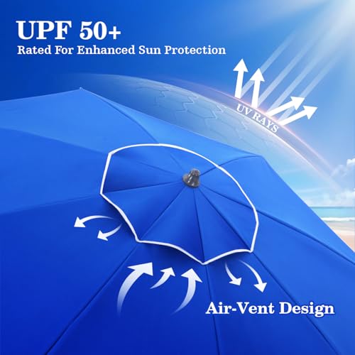 UIRWAY 8.5FT Beach Umbrella, Heavy Duty Windproof Beach Umbrella with Sand Anchor & Tilt Sun Shelter, Sun Protection Portable Beach Umbrellas with Carrying Bag for Beach, Patio Garden Outdoor