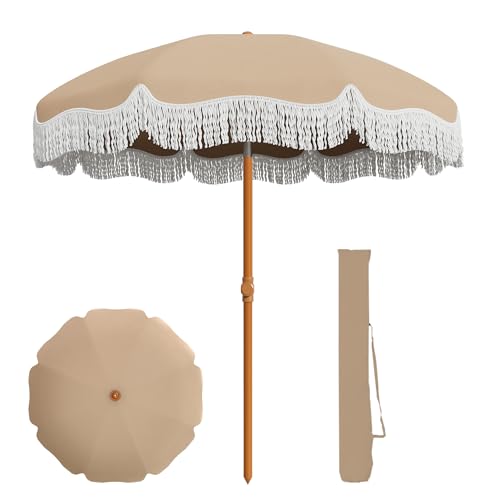 AreShark 7ft Patio Umbrella with Fringe, UPF50+ Beach Umbrella for Table, Pool & Garden, Portable Outdoor Tassels Umbrella w/Fiberglass Ribs&Push Bottom Tilt(Beige) - color: Beige, size: 7FT