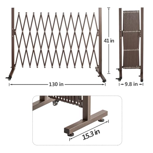 TECSPACE Aluminum Expandable Garden Fence, Portable Barricade Gate with Casters, Adjustable Retractable Fence Mobile Barricade Safety Barrier (Brown, 130×15×41 inch) - color: Brown, size: 126×15.2×40.6 Inch