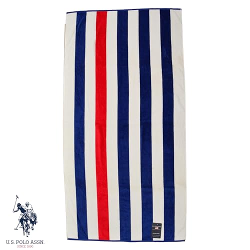 U.S. Polo Assn. Oversized (40” x 70”) Striped Nautical Design Beach Towel - Luxury Plush Cotton Hotel Quality for Bath, Pool - Cabana Stripe Navy/Red - color: Cabana Stripe Navy/Red, size: 40" x 70"