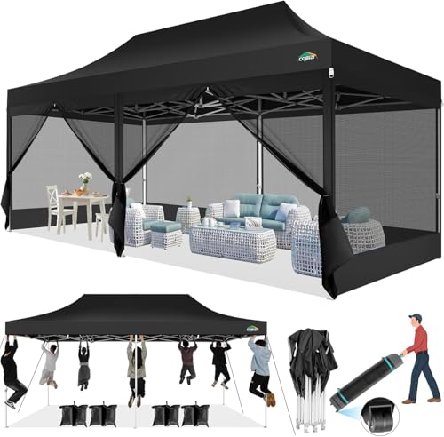 COBIZI 10x20 Heavy Duty Pop up Canopy with 6 Sidewalls, Canopy Tent with Mosquito Netting, Easy up Screen Party Tent for Parties Wedding Outdoor Patio Commercial Gazebo with Roller Bag, Black - color: Black, size: 10x20ft(standard)