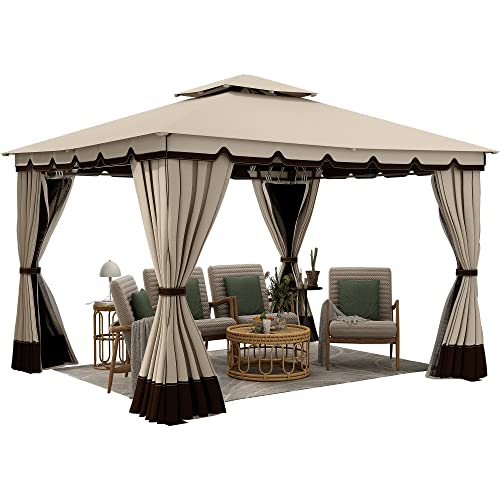 YITAHOME 10x12FT Patio Gazebo Event Shelters Outdoor Double Roof Canopy Gazebo w/Netting & Curtains, Soft Fabric Top Garden Winds Tent with Steel Frame Privacy Screens for Backyard, Garden, Lawn