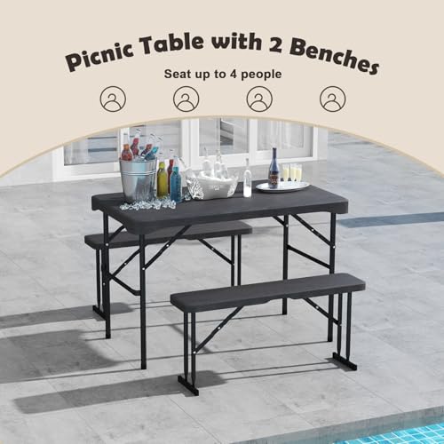 Giantex Folding Picnic Table Bench Set, Rectangular Patio Dining Table Set for 4, with HDPE Tabletop, Metal Frame, Space-Saving and Portable for Camping Party Dining BBQ (Black)