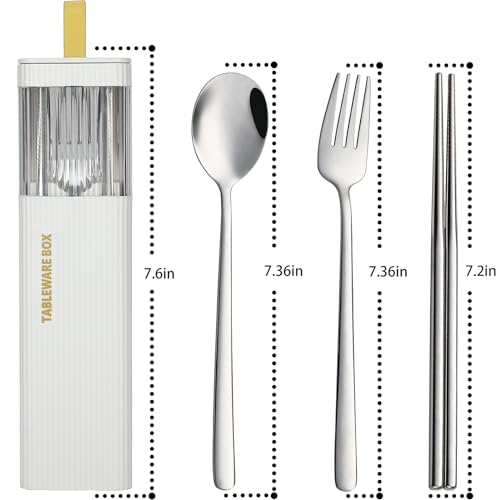 DEVICO Travel Utensils with Case, Stainless Steel Reusable Camping Silverware Set for Lunch Box, Portable Cutlery Kit Includes Fork, Spoon, Chopsticks (White) - color: White