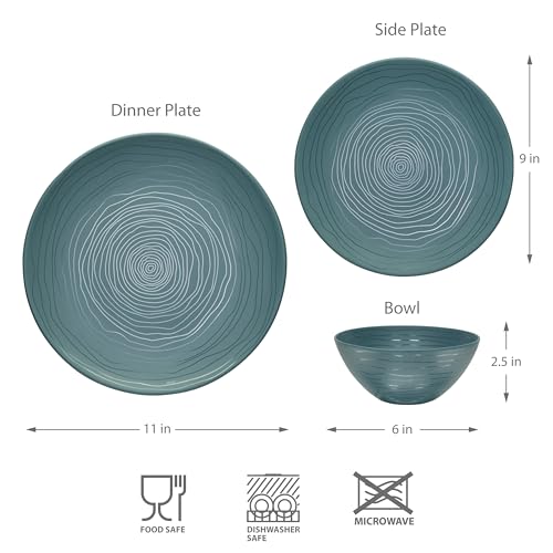 Bzyoo 12 Piece Melamine Dinnerware Set - Durable, Dishwasher Safe Plates and Bowls - Casual Dining, Parties, Blue Dish Set Organica Blue Collection - color: Organica Blue